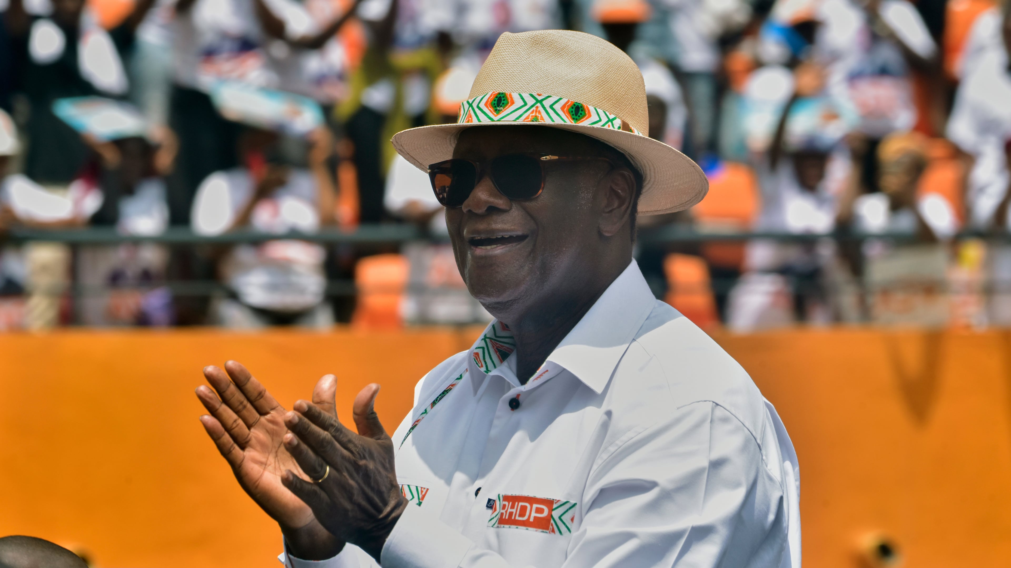 President Alassane Ouattara arrives at a campaign rally at the Félix Houphouët-Boigny Stadium in Abidjan, Ivory Coast, Saturday, Oct. 18, 2025. (AP Photo/Diomande Ble Blonde)