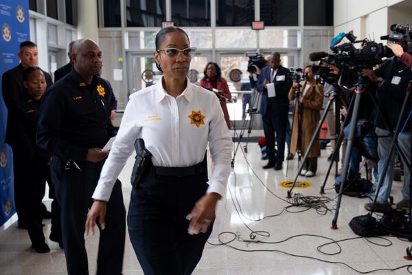DeKalb County Sheriff Melody Maddox leaves a press conference Tuesday, Dec. 23, 2025, after speaking to journalists about the escaped inmates who were captured in Florida. (Ben Gray for the AJC)