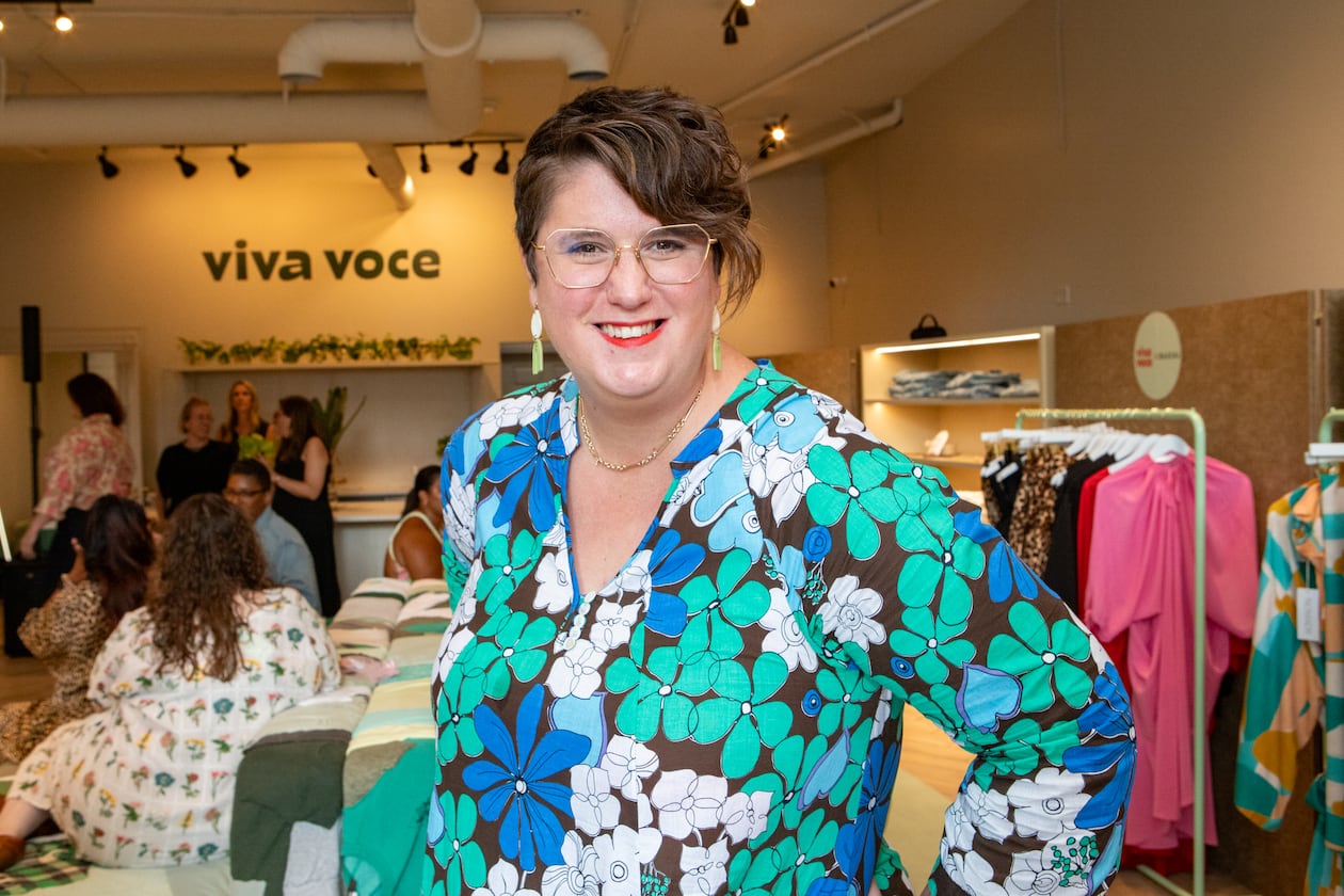Kate Zigrang, the founder of Viva Voce, a size-inclusive fashion boutique, attends the opening of its first pop-up shopping experience on Wednesday, July 30, 2025, in Inman Park. The store is open through mid-September and then moves to New York for a few months. (Jenni Girtman for The Atlanta Journal-Constitution)