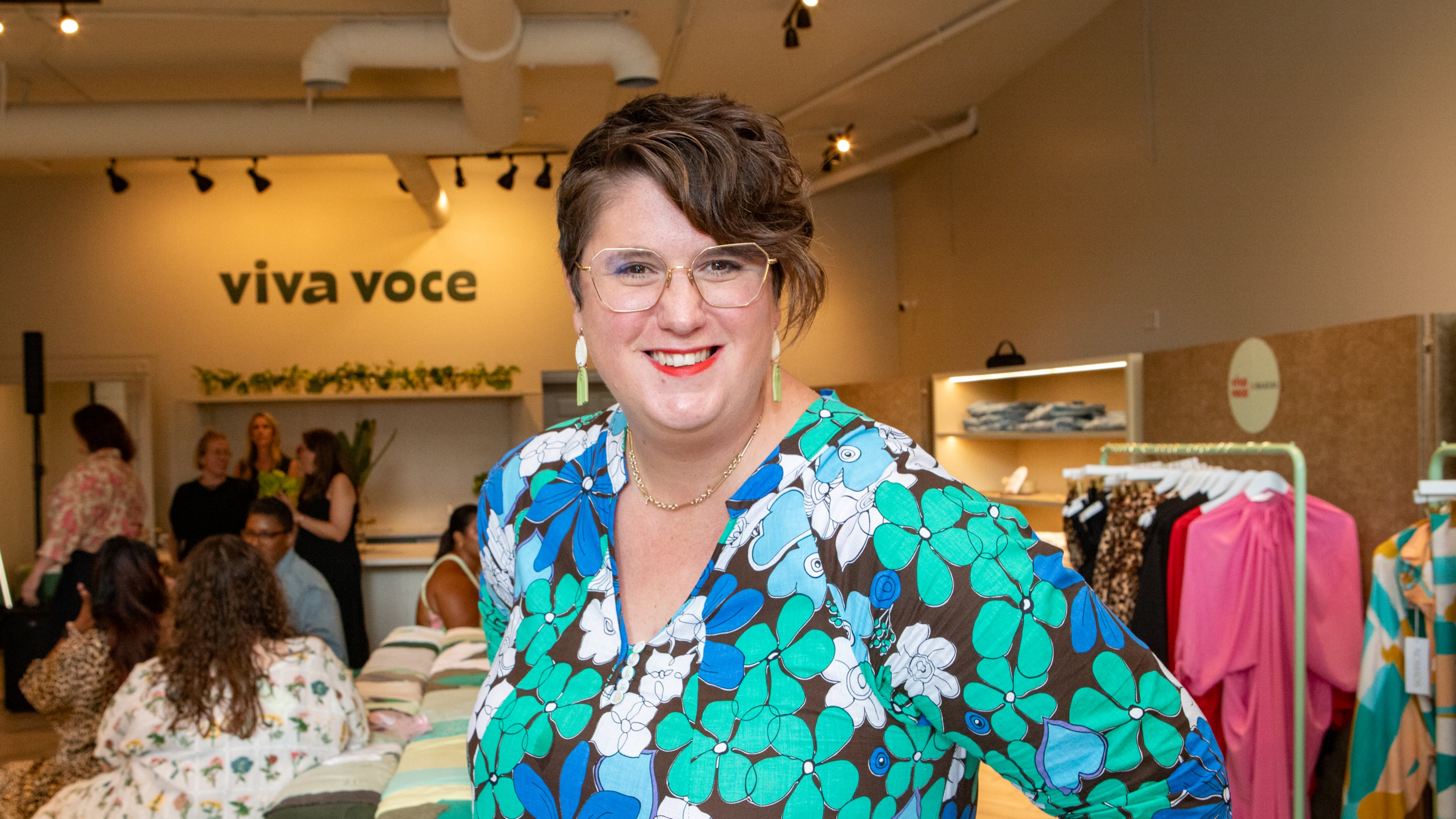 Kate Zigrang, the founder of Viva Voce, a size-inclusive fashion boutique, attends the opening of its first pop-up shopping experience on Wednesday, July 30, 2025, in Inman Park. The store is open through mid-September and then moves to New York for a few months. (Jenni Girtman for The Atlanta Journal-Constitution)