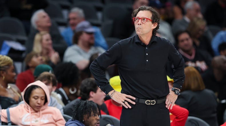 Hawks head coach Quin Snyder (shown here during the team's game against the Bulls Feb. 12) was ejected after picking up two technical fouls in Friday's home loss to the Raptors.