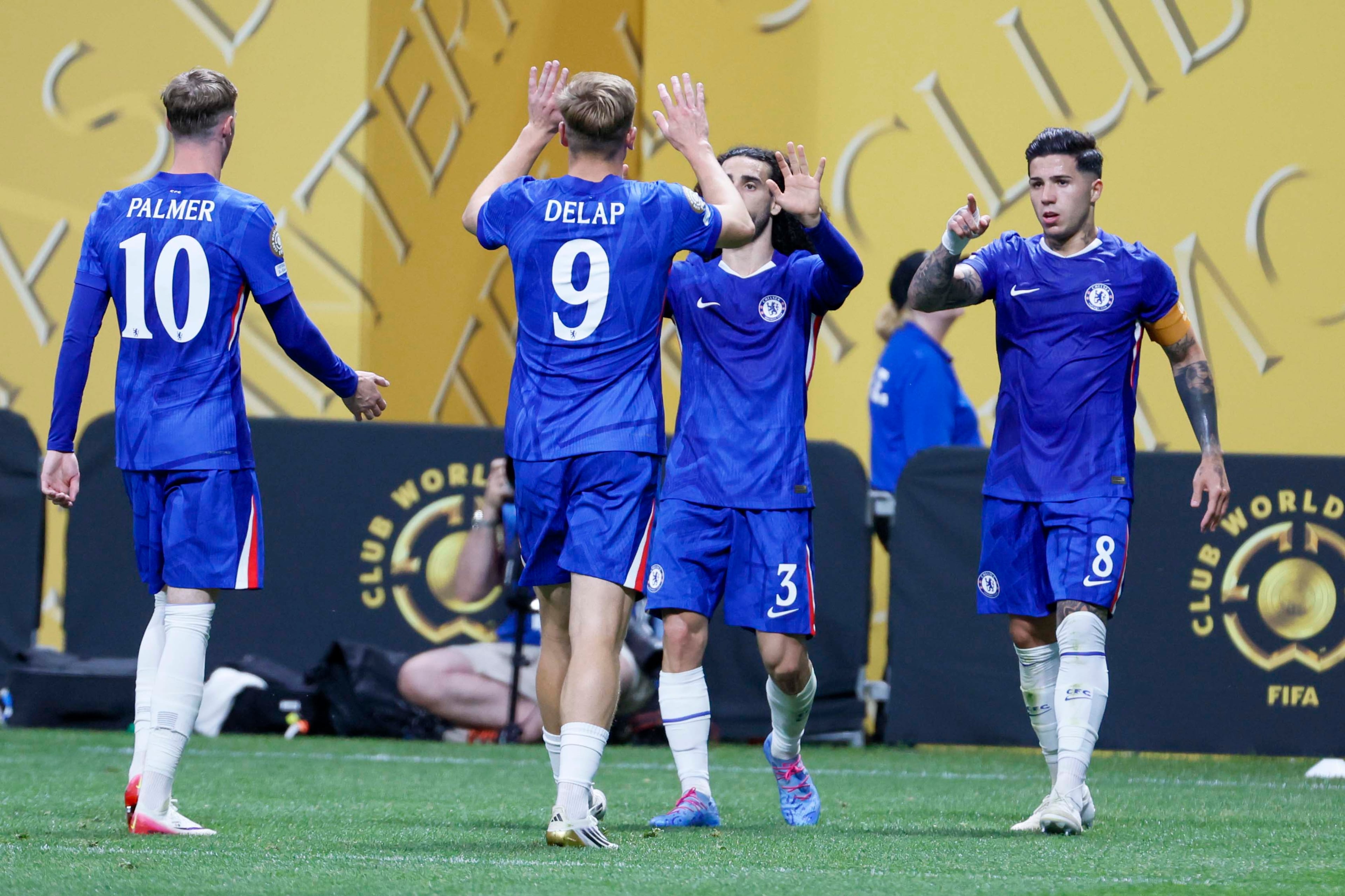 Chelsea midfielder Enzo Fernández (8), right, points to Chelsea forward Liam Delap (9) after his assist for his goal during the Club World Cup Group D soccer match between Chelsea and Los Angeles FC at Mercedes-Benz Stadium on Monday, June 16, 2025.
(Miguel Martinez/ AJC)