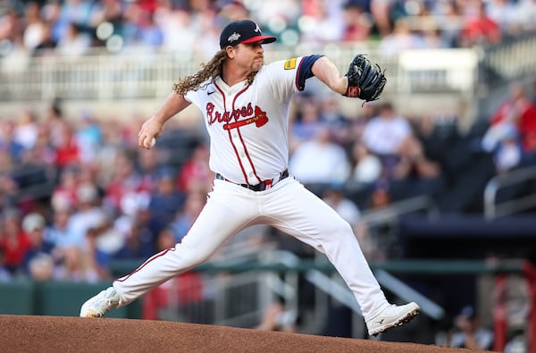 Atlanta Braves pitcher Grant Holmes delivers in the first inning of a baseball game against the Washington Nationals, Monday, May 12, 2025, in Atlanta. (AP Photo/Colin Hubbard)