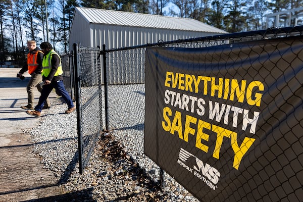 Workers are seen at the Norfolk Southern Training Center in McDonough on Friday, March 7, 2025. (Arvin Temkar / AJC)