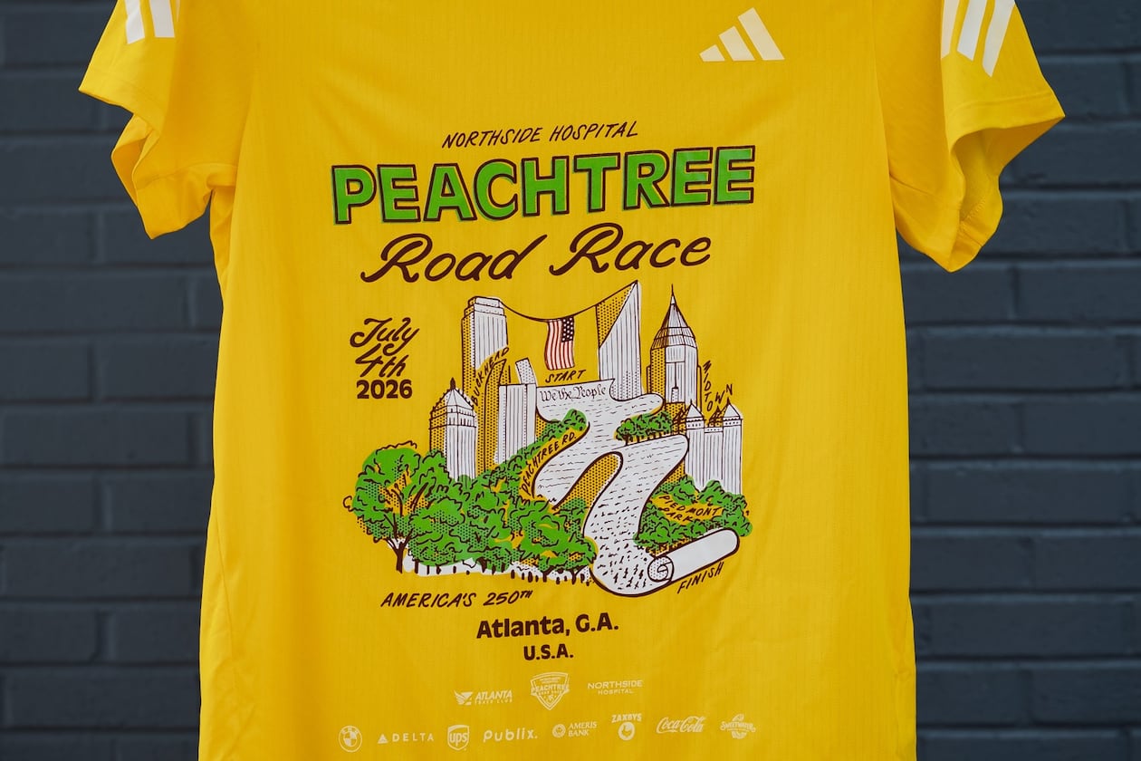 The 2026 Peachtree T-shirt design, ‘We the Peaches,’ was created by Dyan Szall. (Courtesy Atlanta Track Club)