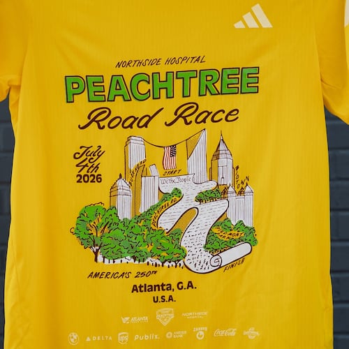 The 2026 Peachtree T-shirt design, ‘We the Peaches,’ was created by Dyan Szall. (Courtesy Atlanta Track Club)