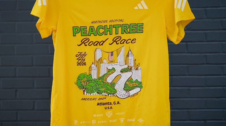 The 2026 Peachtree T-shirt design, ‘We the Peaches,’ was created by Dyan Szall. (Courtesy Atlanta Track Club)