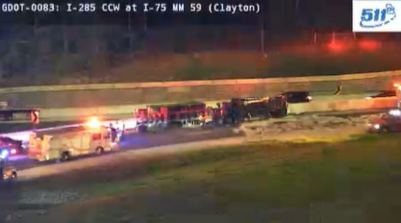 An overturned big rig blocked the westbound ramp to I-285 from I-75 North early Wednesday in Clayton County.