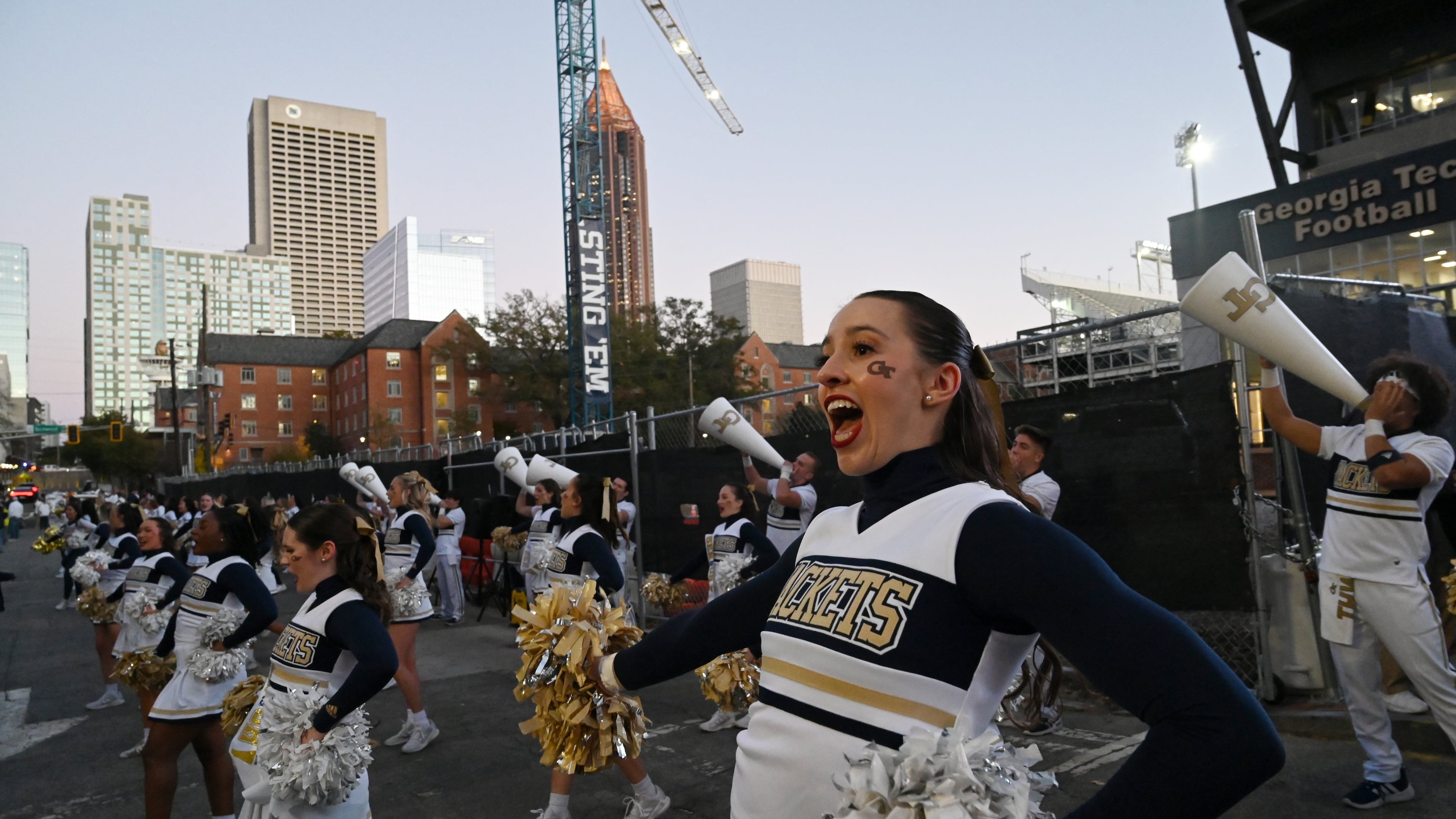 Georgia Tech cheerleaders entertain before a football game at Bobby Dodd Stadium in Atlanta. (Hyosub Shin/AJC 2024)