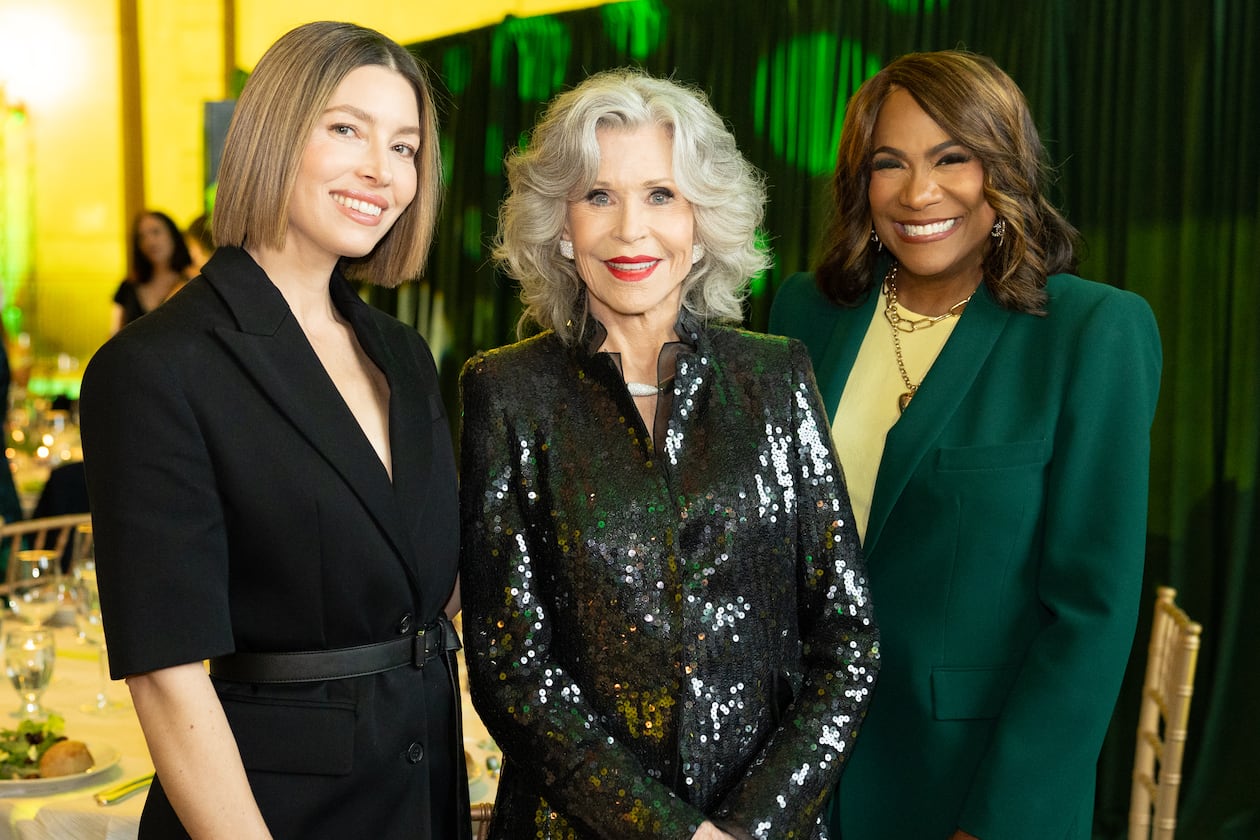 Jane Fonda (center) poses at the GCAPP Empower gala at the Egyptian Ballroom at the Fox Theatre Nov. 14, 2024, with actress Jessica Biel (left) and WSB-TV host Karyn Greer. GCAPP is focused on teen pregnancy prevention and sex education. (Courtesy of Cindy Lucas-Stone)