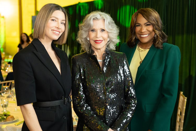 Jane Fonda (center) poses at the GCAPP Empower gala at the Egyptian Ballroom at the Fox Theatre Nov. 14, 2024, with actress Jessica Biel (left) and WSB-TV host Karyn Greer. GCAPP is focused on teen pregnancy prevention and sex education. (Courtesy of Cindy Lucas-Stone)