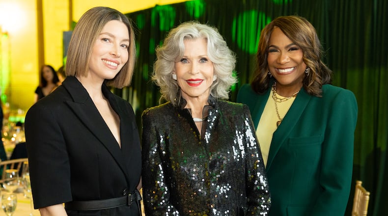 Jane Fonda (center) poses at the GCAPP Empower gala at the Egyptian Ballroom at the Fox Theatre Nov. 14, 2024, with actress Jessica Biel (left) and WSB-TV host Karyn Greer. GCAPP is focused on teen pregnancy prevention and sex education. (Courtesy of Cindy Lucas-Stone)