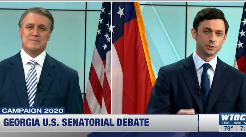 U.S. Sen. David Perdue and Democrat Jon Ossoff square off in an Oct. 28, 2020 debate in Savannah.