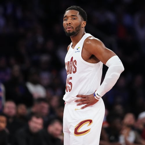 Cleveland Cavaliers' Donovan Mitchell reacts during the second half of Game 2 in the Eastern Conference finals NBA basketball playoffs series against the New York Knicks, Thursday, May 21, 2026, in New York. (AP Photo/Frank Franklin II)