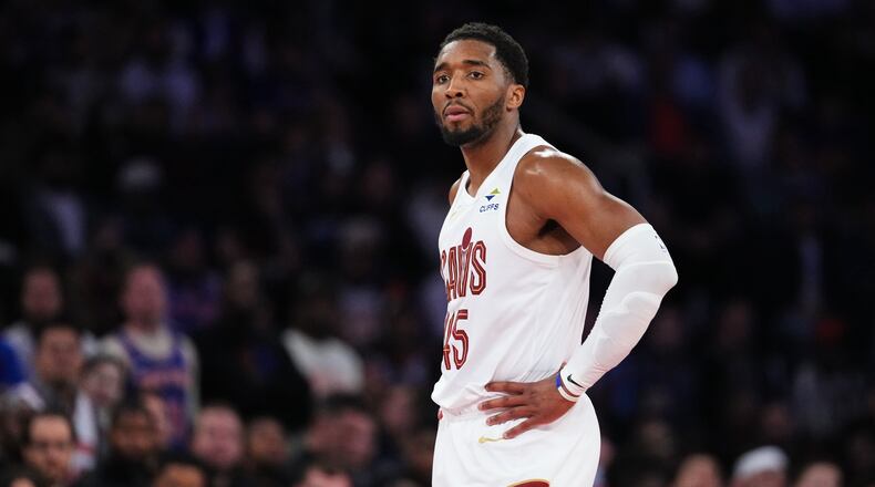 Cleveland Cavaliers' Donovan Mitchell reacts during the second half of Game 2 in the Eastern Conference finals NBA basketball playoffs series against the New York Knicks, Thursday, May 21, 2026, in New York. (AP Photo/Frank Franklin II)