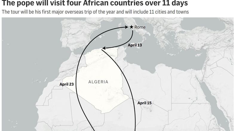 A map showing the pope's planned travel through Africa. (AP Digital Embed)