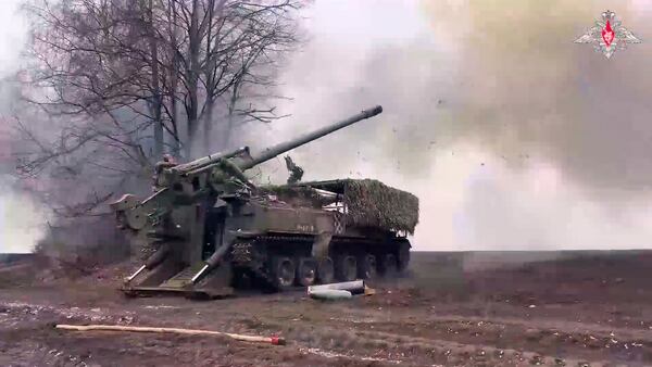 In this image taken from a video distributed by Russian Defense Ministry Press Service on Monday, March 24, 2025, a Russian Army 2S5 howitzer Giatsint-S fires towards Ukrainian positions in Ukraine. (Russian Defense Ministry Press Service via AP)