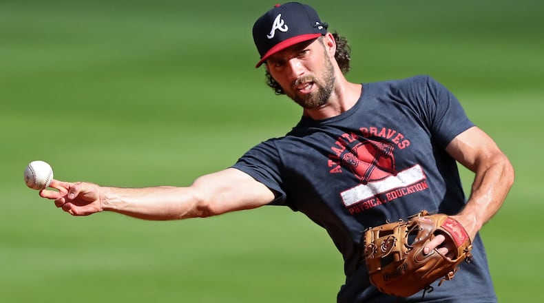 Braves infielder Charlie Culberson works second base during batting practice as the team prepares to play an intrasquad game Monday July 13, 2020, at Truist Park in Atlanta.
