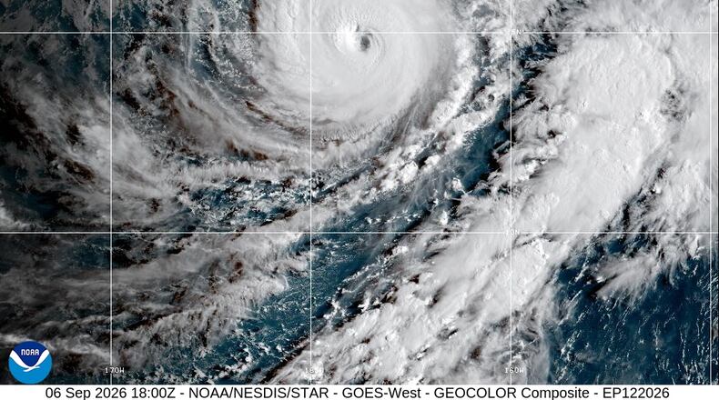 This satellite image released by NOAA shows Hurricane Lowell approaching Hawaii, Sunday, Sept. 6, 2026. (NOAA via AP)