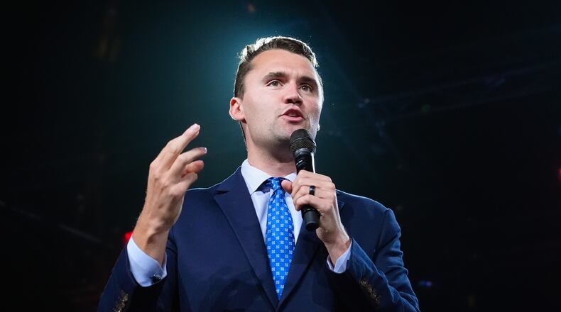 FILE - Turning Point USA Founder Charlie Kirk speaks at a Turning Point event prior to Republican vice presidential nominee Sen. JD Vance, R-Ohio, speaking, Sept. 4, 2024, in Mesa, Ariz. (AP Photo/Ross D. Franklin, File)