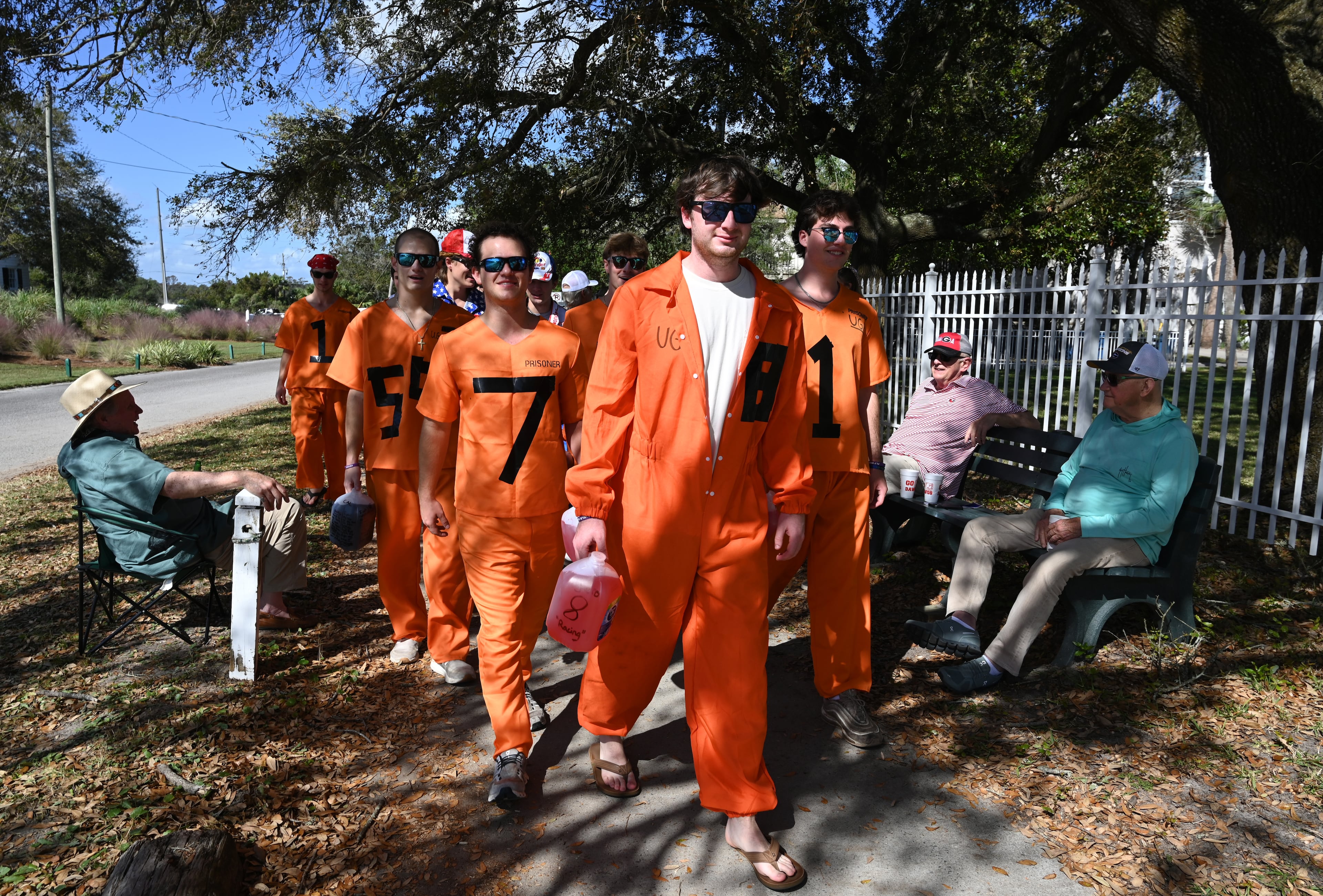 UGA students with Halloween costumes gather for the annual “Frat Beach” party to celebrate before the annual Georgia-Florida football game on St. Simons Island, Friday, November 1, 2024. On the weekend of the Georgia-Florida football game, St. Simons Island’s East Beach becomes “Frat Beach,” an open-air party teeming with thousands of college students. (Hyosub Shin / AJC)