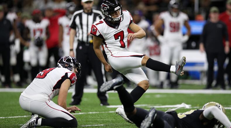Kicker Younghoe Koo, who the Falcons recently signed, nails his first field goal attempt against the New Orleans Saints Nov. 10, 2019, at Mercedes Benz Superdome in New Orleans.