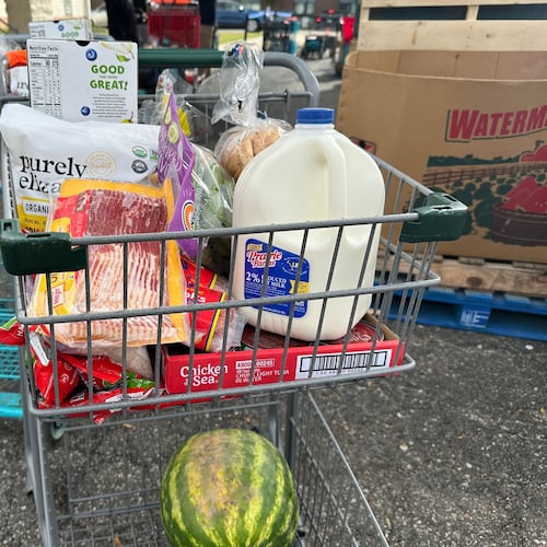 Food and milk sit in a shopping cart during a Forgotten Harvest distribution event held at Woodside Bible Church, Friday, Oct. 24, 2025, in Pontiac, Mich. (AP Photo/Mike Householder)