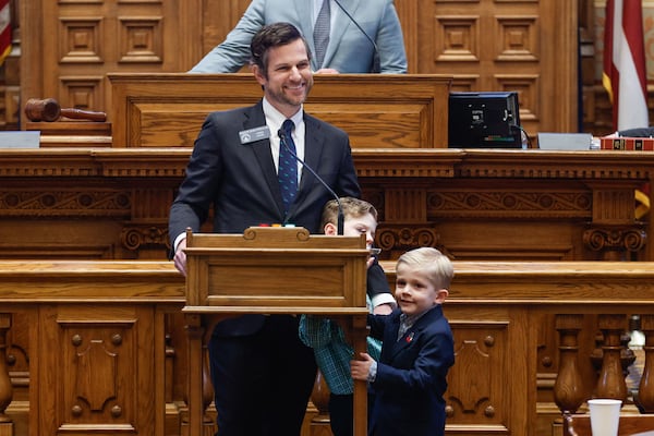In February, state Sen. Brian Strickland, R-McDonough, introduced Senate Bill 89 with his sons Charles Willis, 7 (left) and Beecher, 5 (right) at the Capitol in Atlanta.