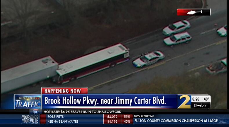 A Gwinnett County Transit bus and a commercial truck were in a crash Wednesday morning.