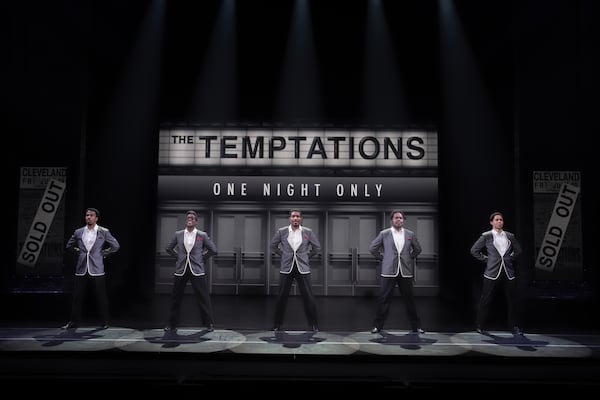 Jameson Clanton (from left), Josiah Travis Kent Rogers, Lowes Moore, Rudy Foster and Bryce Valle perform as the Temptations in the musical “Ain’t Too Proud” at the Fox June 6-7. (Courtesy of Joan Marcus)
