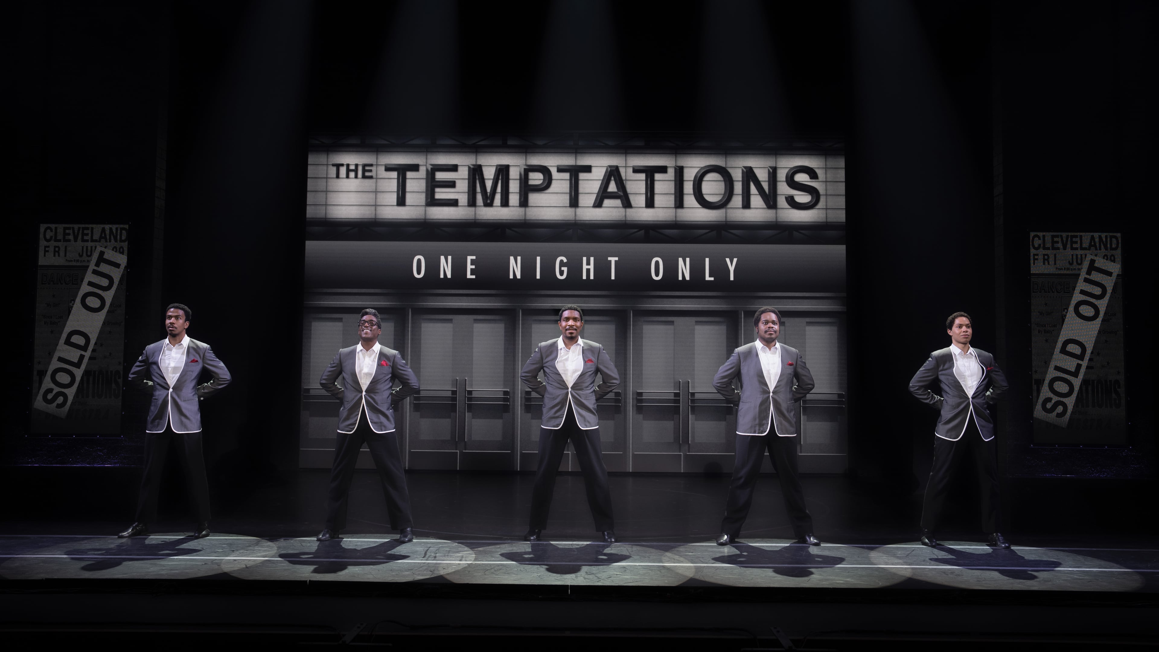 Jameson Clanton (from left), Josiah Travis Kent Rogers, Lowes Moore, Rudy Foster and Bryce Valle perform as the Temptations in the musical “Ain’t Too Proud” at the Fox Theatre on Friday and Saturday. (Courtesy of Joan Marcus)