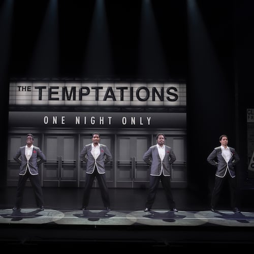 Jameson Clanton (from left), Josiah Travis Kent Rogers, Lowes Moore, Rudy Foster and Bryce Valle perform as the Temptations in the musical “Ain’t Too Proud” at the Fox Theatre on Friday and Saturday. (Courtesy of Joan Marcus)