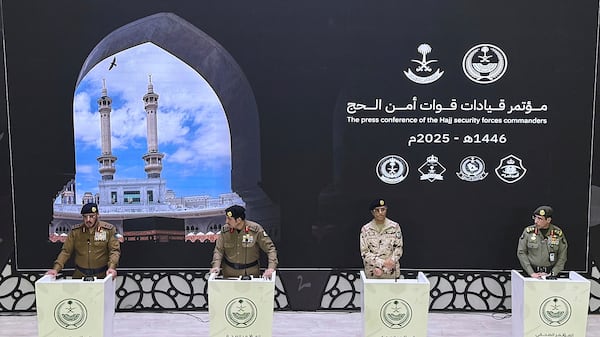 From left to right; Director General of Civil Defense Major General Dr. Hamoud bin Suleiman Al-Faraj, Director of Public Security and Chairman of the Hajj Security Committee Lieutenant General Mohammed Al-Bassami, Commander of the Special Emergency Forces at the Presidency of State Security Lieutenant General Mohammed Al-Omari and Acting Director General of Passports Major General Dr. Saleh Al-Murabba speak during the Hajj security press conference at the 911 headquarters in Mecca, Saudi Arabia, Sunday, June 1, 2025. (AP Photo/Baraa Anwer)