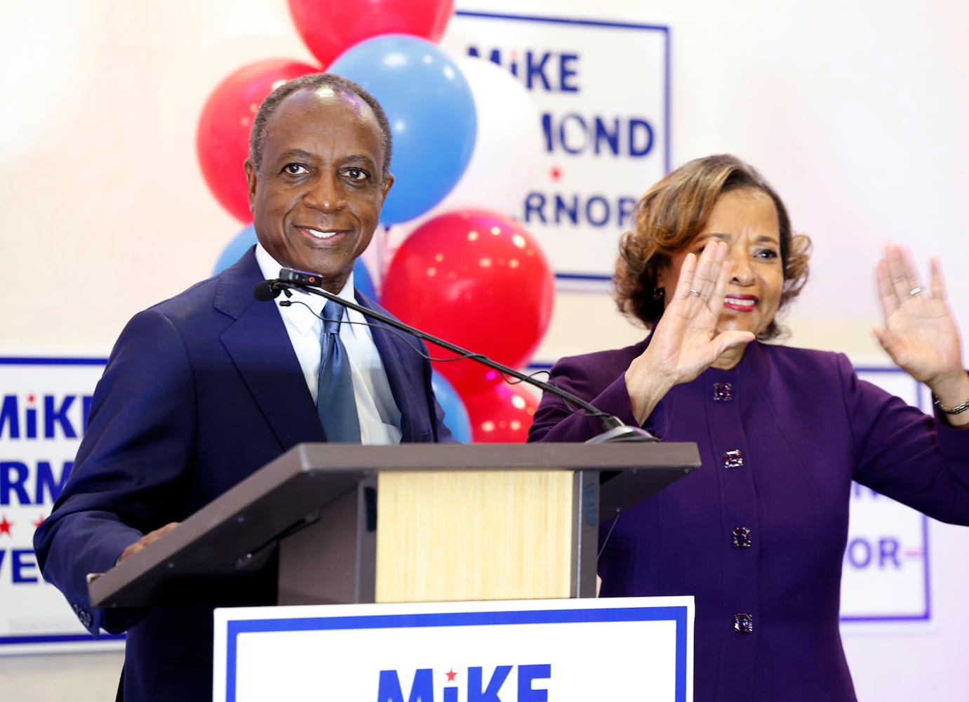 Democratic candidate for Georgia state governor Mike Thurmond with his wife, Zola, addresses supporters at his watch party headquarters at the Marriott Conference Center in Decatur on May 19, 2026. (Akili-Casundria Ramsess/for the AJC)
