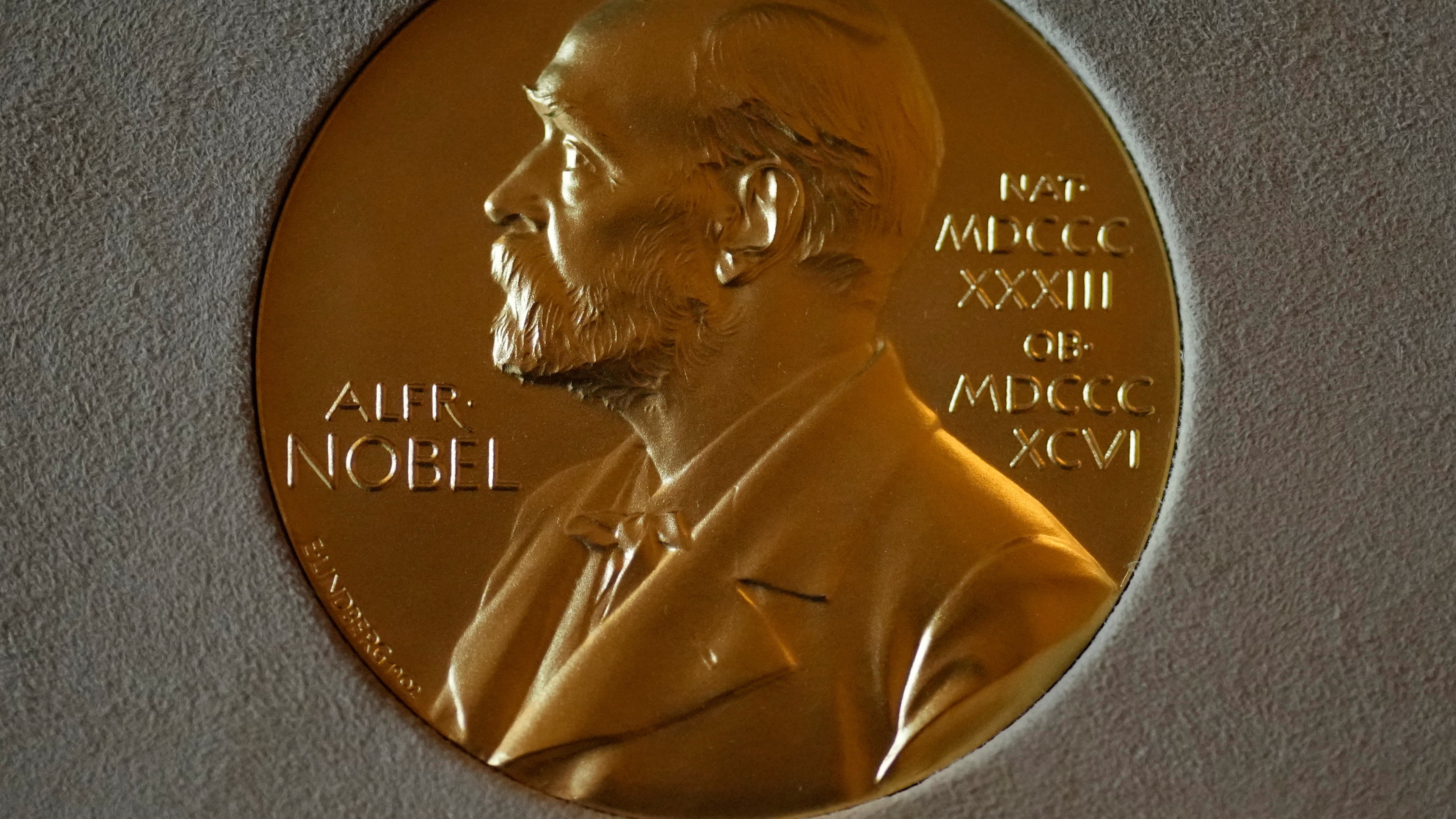 FILE - A Nobel Prize medal is displayed before a ceremony at the Swedish Ambassador's Residence in London, Monday, Dec. 6, 2021. (AP Photo/Matt Dunham, File)