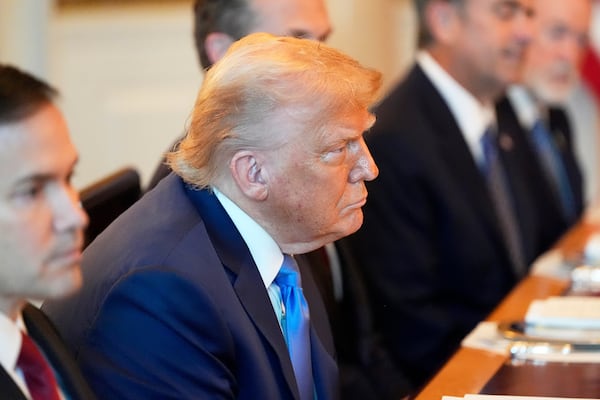 President Donald Trump meets with Israel's Prime Minister Benjamin Netanyahu in the Blue Room of the White House, Monday, July 7, 2025, in Washington. (AP Photo/Alex Brandon)