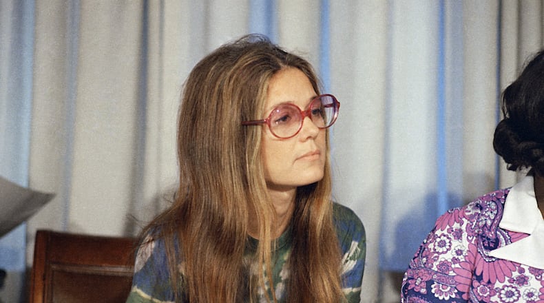 FILE - Women's rights spokeswoman Gloria Steinem attends a news conference at the American Civil Liberties Union office in New York, July 12, 1973. (AP Photo/Richard Drew, File)