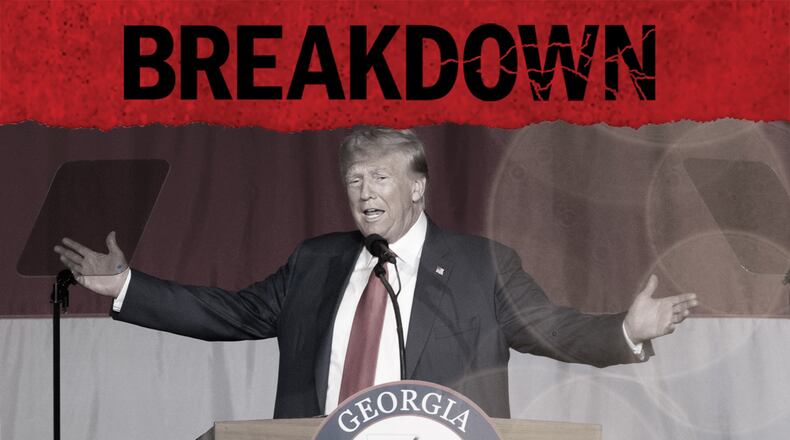 Former President Donald Trump speaks during the GOP Convention in Columbus, Ga., last month. The latest episode of the AJC's 'Breakdown' podcast looks at developments since Trump was indicted in Miami in the classified documents case. (Natrice Miller / natrice.miller@ajc.com)