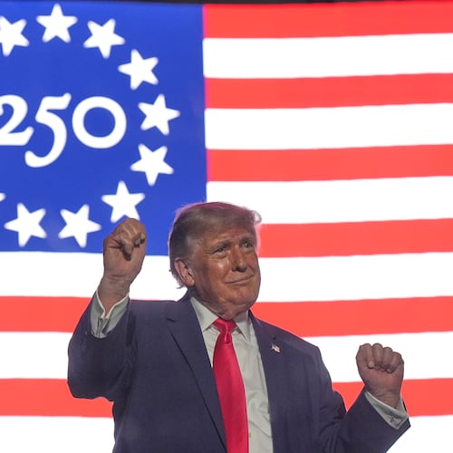 President Donald Trump wraps up his speech at the opening of the Great American State Fair, Wednesday, June 24, 2026, on the National Mall in Washington. (AP Photo/Jacquelyn Martin)
