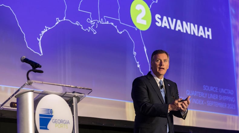In this photo provided by the Georgia Port Authority, Griff Lynch, President and CEO of the Georgia Ports Authority provides an update on the Port of Savannah's progress and future trajectory to 1,200 leaders from the maritime, supply chain, business and political sectors Thursday, Oct., 12, 2023, during the annual State of the Port event in Savannah, Ga. (AJC Photo/Georgia Port Authority, Stephen Morton)