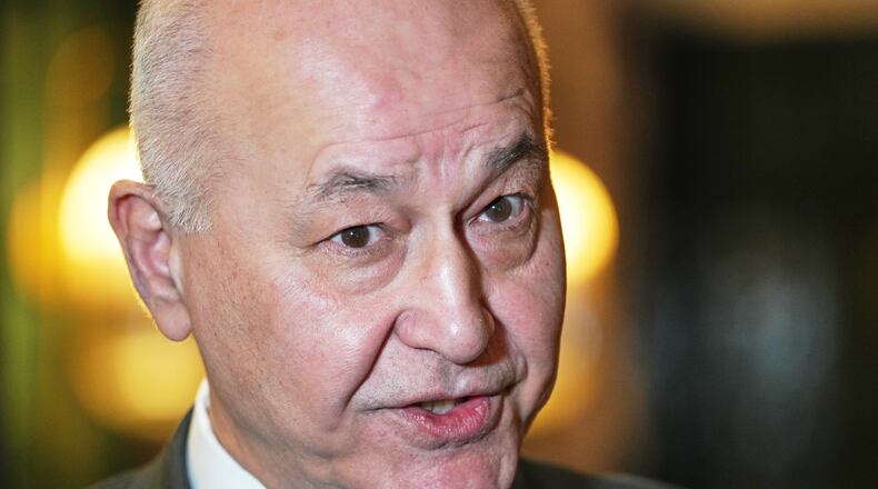 UNCHR High Commissioner Barham Salih talks during an interview with the Associated Press in Kyiv, Ukraine, Friday, Feb. 20, 2026. (AP Photo/Sergei Grits)