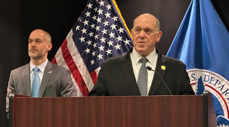 CORRECTS CREDIT TO STEVE KARNOWSKI - White House border czar Tom Homan holds a news conference at the Bishop Whipple Federal building on Thursday, Feb. 12, 2026 in Minneapolis. (AP Photo/Steve Karnowski)