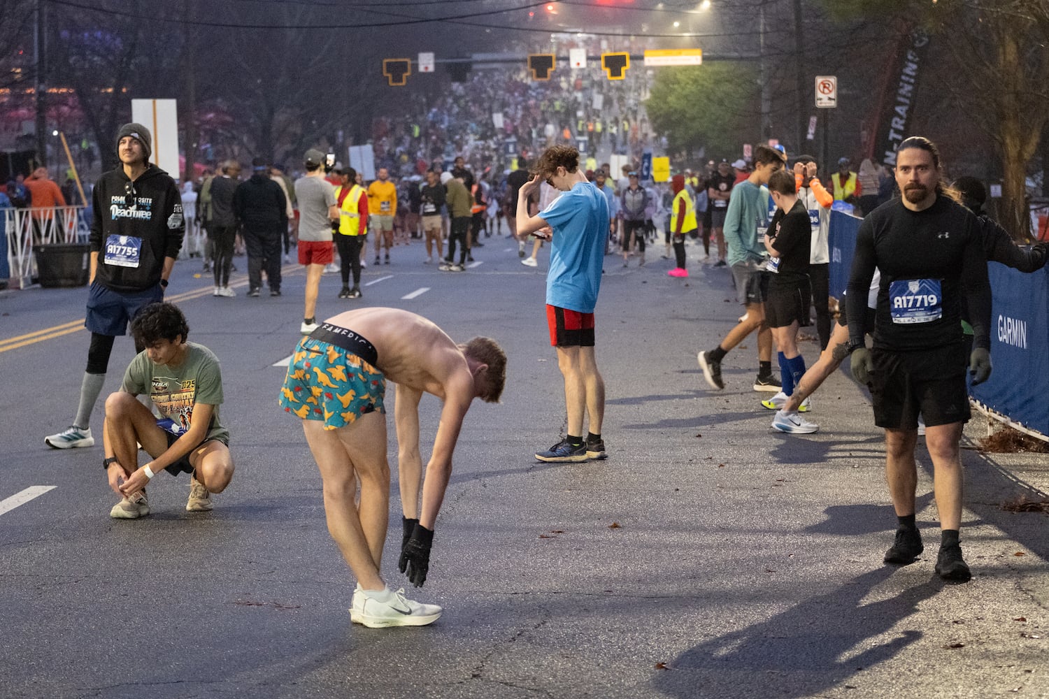 Runners prepare for the start of the Polar Opposite Peachtree Road Race on Saturday, Jan. 3, 2026, in Atlanta. (Ben Gray for the AJC)