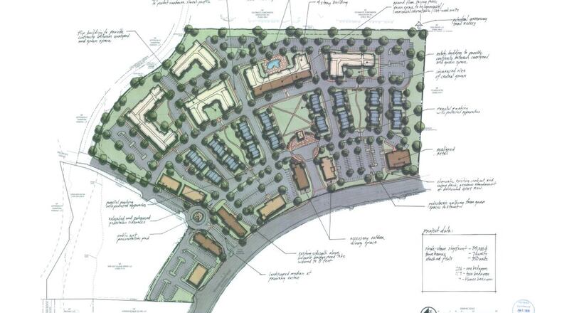 This is an updated site plan for the East Village Roswell, a 350-apartment development on the site of a former Super Target on Holcomb Bridge Road. It was updated after the Roswell City Council voiced concern about the original plan. (Photo courtesy of The Worthing Companies)