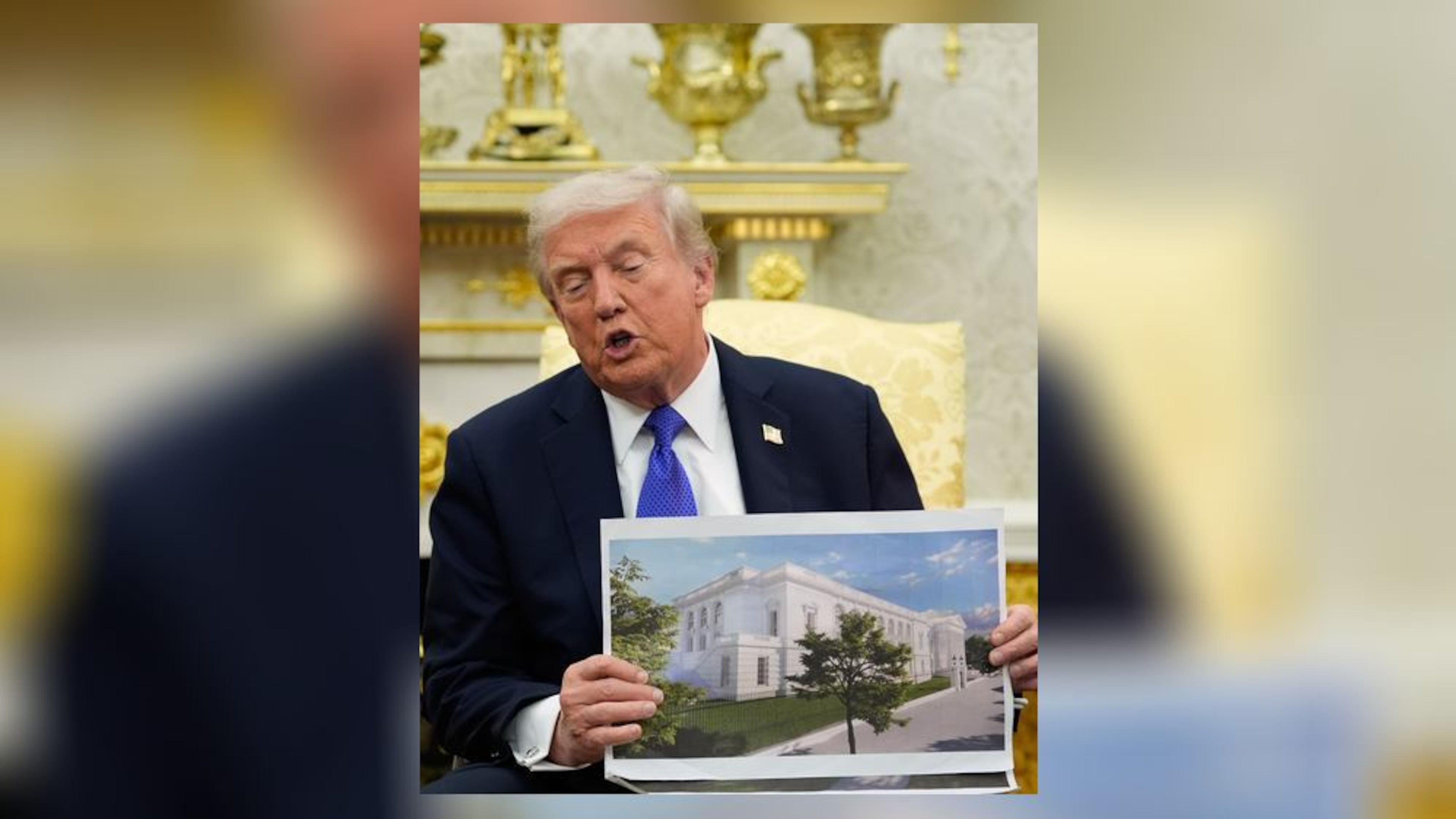 President Donald Trump showed an artist's rendering of the planned White House ballroom on Wednesday.