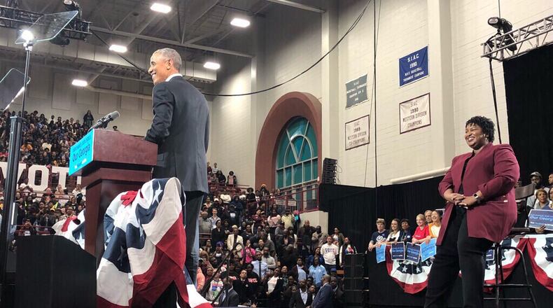 Former President Barack Obama rallies voters to support Democrat Stacey Abrams in Atlanta. AJC/Alyssa Pointer.