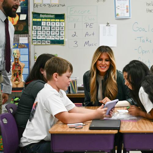 First Lady Melania Trump meets with students at Mountain View Elementary School in Jefferson, N.C., Tuesday, Sept. 15, 2026. (Kent Nishimura/Pool Photo via AP)