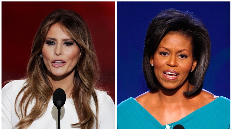 Melania Trump, left, wife of Republican presidential candidate Donald Trump, speaks during the opening day of the Republican National Convention in Cleveland on Monday. Michelle Obama, wife of Democratic presidential candidate, Sen. Barack Obama, D-Ill., speaks at the Democratic National Convention in Denver in 2008. AP file