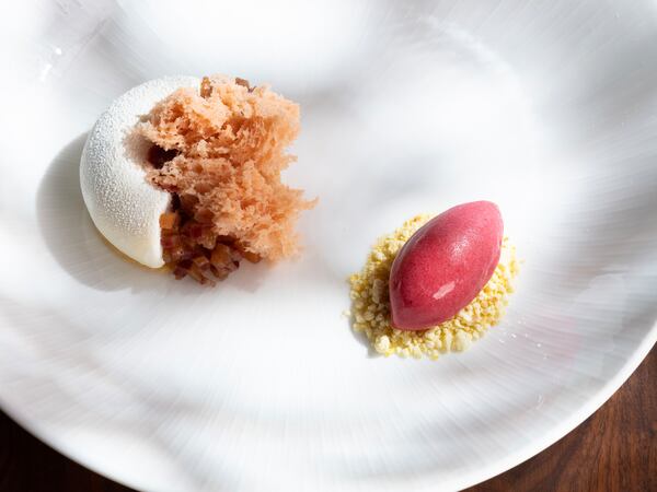A plate with two bites of dessert, each one very ornate and carefully presented. One is a small half-circle of sponge cake, the other is a quenelle of peach sorbet. Both are garnished with small but elaborate add-ons.