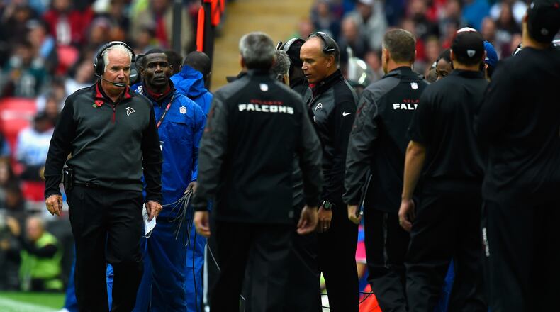 Head Coach Mike Smith of Atlanta Falcons (Detroit Lions) looks on during the NFL match between Detroit Lions and Atlanta Falcons at Wembley Stadium on October 26, 2014 in London, England. (Photo by Mike Hewitt/Getty Images)